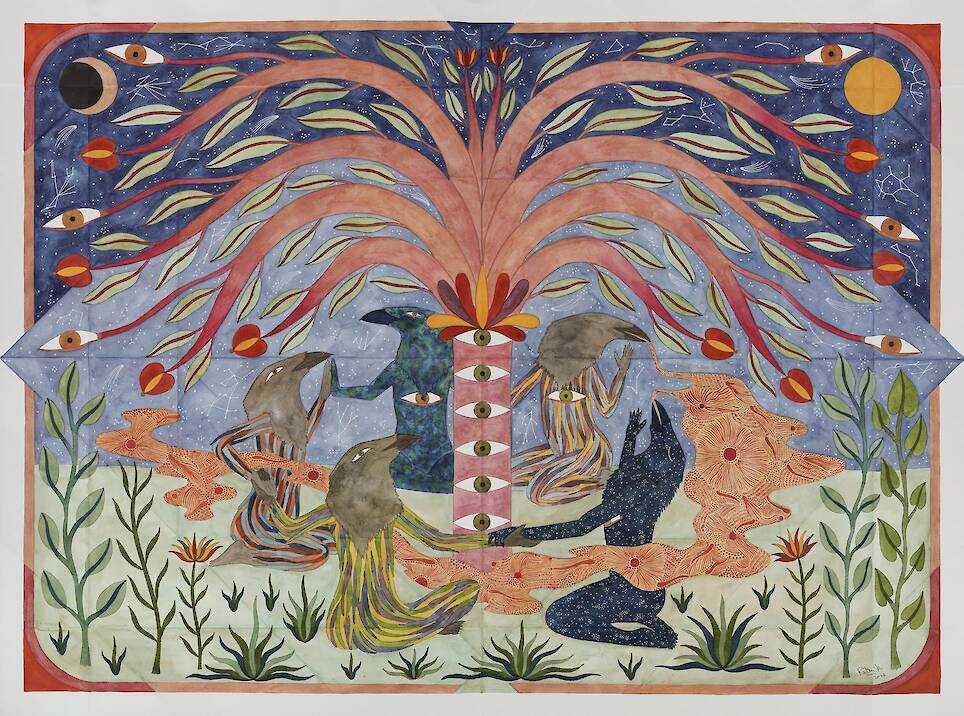 a fantastical painting featuring hybrid creatures in a surreal, symmetrical tableaux