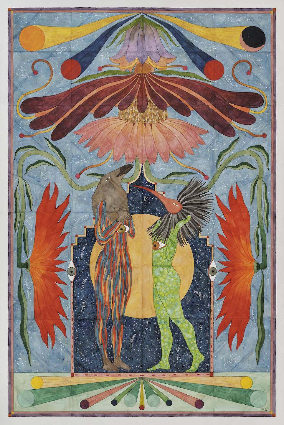 a fantastical painting featuring hybrid creatures in a surreal, symmetrical tableaux