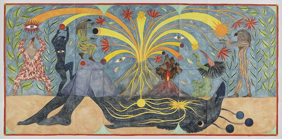 a fantastical painting featuring hybrid creatures in a surreal, symmetrical tableaux