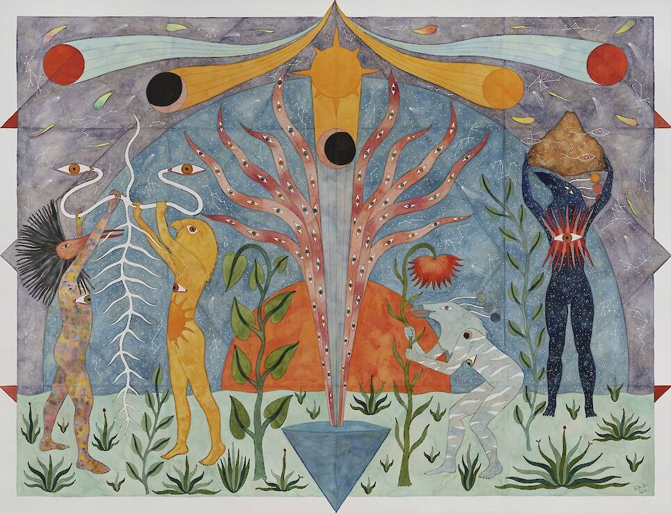 a fantastical painting featuring hybrid creatures in a surreal, symmetrical tableaux
