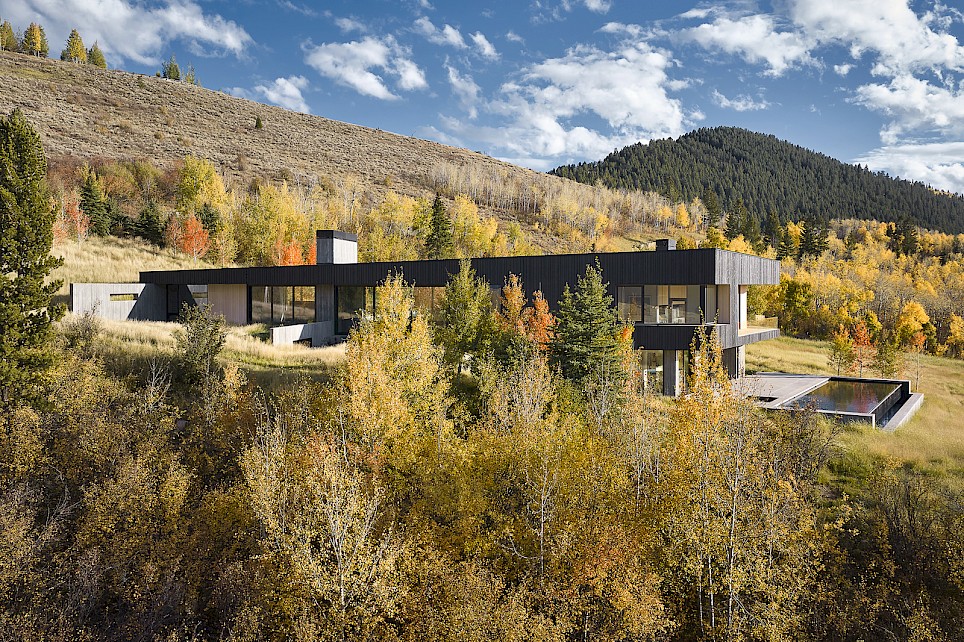 Modern dark-paneled house with floor-to-ceiling windows and a rectangular pool, nestled on a hillside among autumn trees