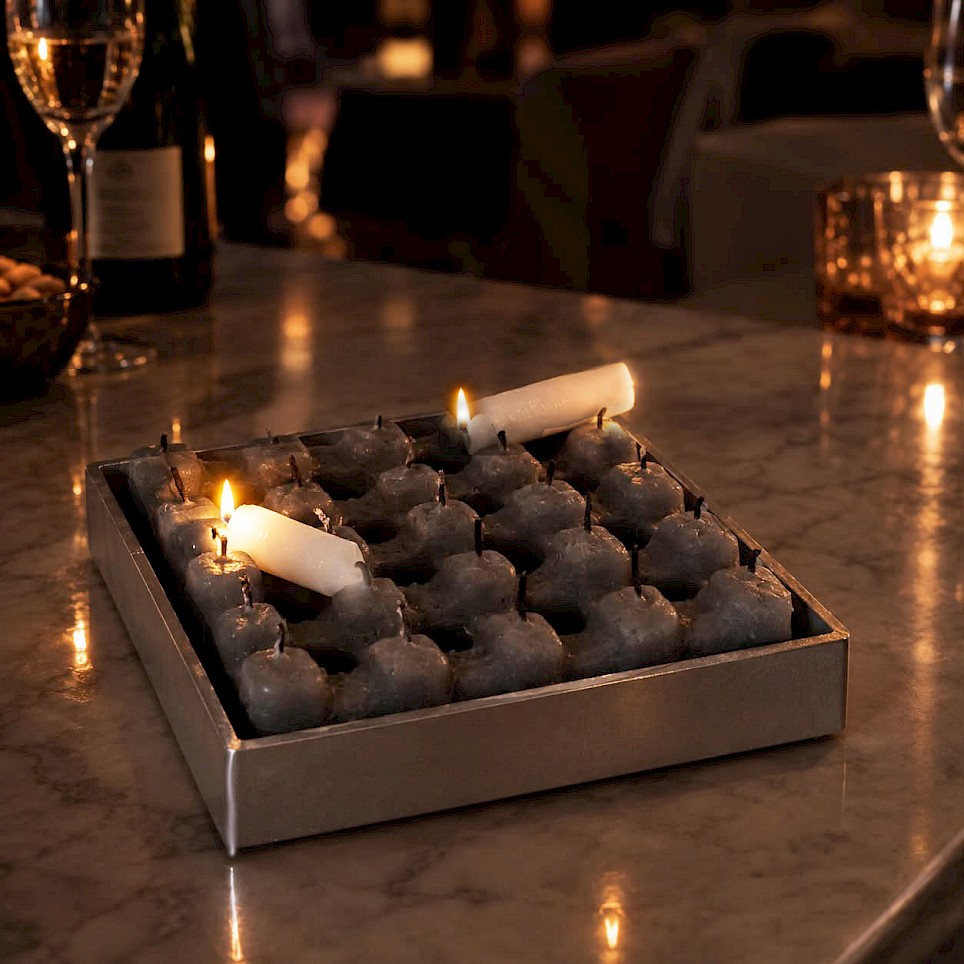 A square metal tray containing many small, gray wax lumps with candle wicks, two of which are lit